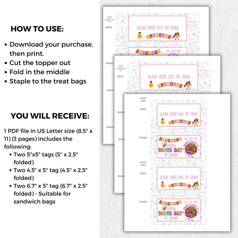 Happy 100th Day of School Treat Bag Topper Printable, 100 Days Smarter, One Smart Cookie, Snack Bag Tag, Classroom Student Goodie Bag Label