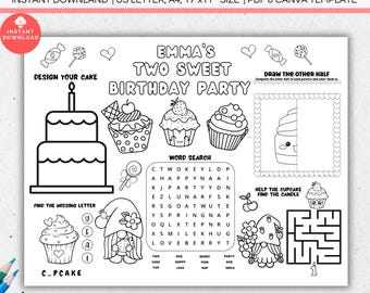 Bearbeitbar Zwei süße Geburtstagsparty-Malseite, Aktivitäts-Tischset, Cupcake-Beere 2. Zweijähriges Gastgeschenk, Partyspiele-Malblatt