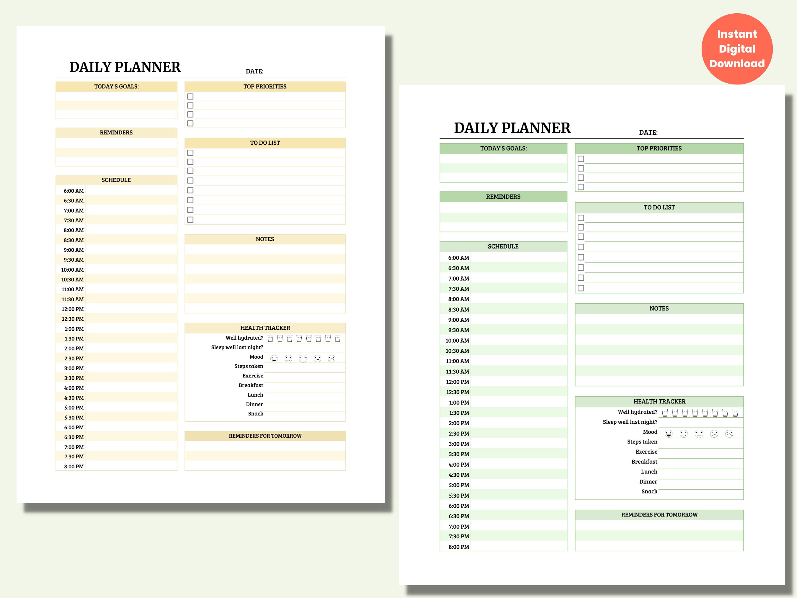 Daily Planner Printable in 7 Colors, Hourly Scheudle, to Do List, Water ...