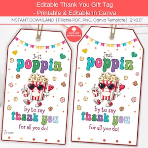 Popcorn cadeaukaartje waardering leraar, afdrukbare bedankkaartjes werknemer, Poppin om te bedanken, verpleger teampersoneel traktatie-tag