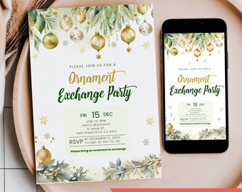 Può includere: Un invito a tema festivo per una festa di scambio di ornamenti. Il design presenta ornamenti dorati e verdi, vegetazione e fiocchi di neve. L'invito include i dettagli della festa e le informazioni RSVP. Viene mostrata anche una versione mobile.