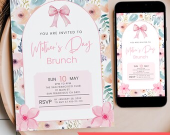 Mother's Day Brunch Invite Editable, Pink Flower Floral Breakfast Party Canva Template, Grandma Aunt Mom Digital Mobile Phone Text Invite
