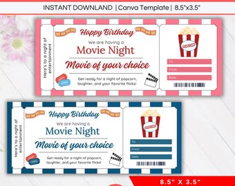 May include: Two movie night vouchers, one pink and one blue, with popcorn and film reel graphics. Each voucher has space to fill in "To," "From," and "Date." The text reads "Happy Birthday" and "Movie Night."