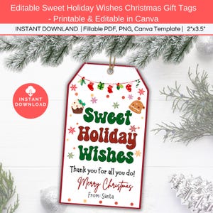 Zoete vakantiewensen kerstcadeaukaartje afdrukbaar, bewerkbaar vakantiecadeaulabel, cadeauzakje snoep, snoep en chocoladekoekje cadeau voor kinderen