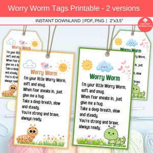 Etiquetas de gusanos de preocupación, etiquetas imprimibles para gusanos de crochet, alivio de la ansiedad, apoyo emocional y de salud mental, regalo para niños, etiquetas de regalo con poemas de gusanos de preocupación