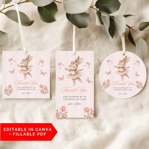 Bearbeitbares Balletthäschen-Geburtstags-Dankeschön-Tag, irgendein Häschen ist ein Partybevorzugungs-Aufkleberetikett, rosa Mädchen-Aquarell-Ballerina-Kaninchen-Leckerli-Tasche