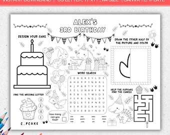 Hoja de actividades para mantel individual de cumpleaños de dinosaurios, página para colorear de cumpleaños infantil de dinosaurios editable, recuerdo de fiesta, hoja para colorear de juegos de fiesta de dinosaurios imprimible