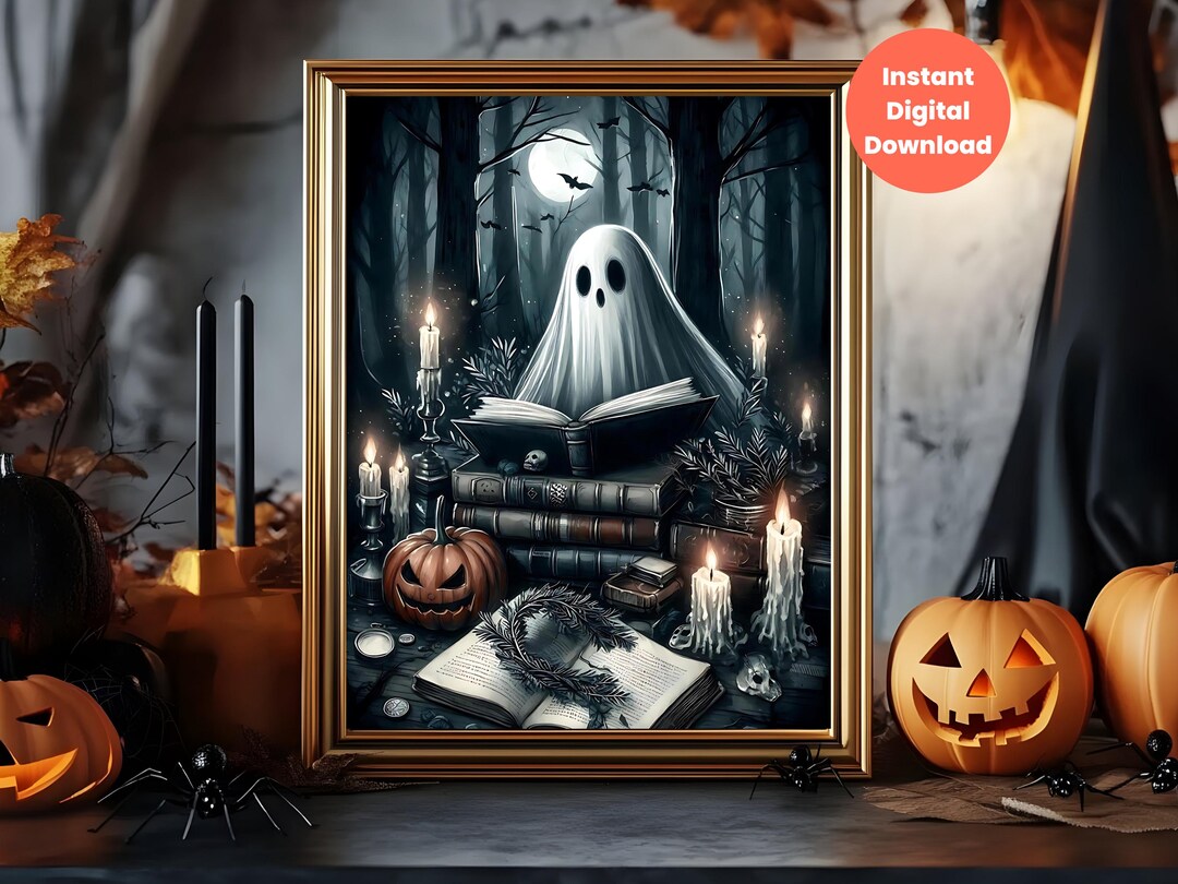 Halloween Ghost Reading a Book in Dark Forest Wall Art Printable ...