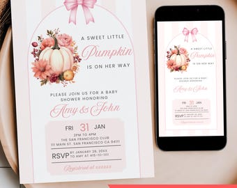 Sweet Little Pumpkin On Her Way Girl Baby Shower Invitation Editable, Pink Coquette Floral Autumn Mobile Phone Text Digital Party Invite