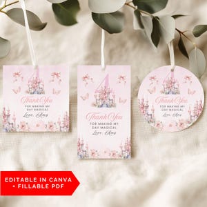 Étiquette de remerciement Four Ever a Princess, étiquette-cadeau d'anniversaire magique modifiable, autocollant d'étiquette d'étiquette de sac pour fille, noeud rose, conte de fées, bonbonnière pour sac