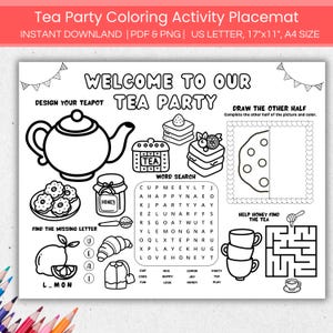 Feuille de napperon à colorier activité Tea Party, anniversaire fille page à colorier Tea Party, recherche de mots labyrinthe théière tasse de thé cadeau