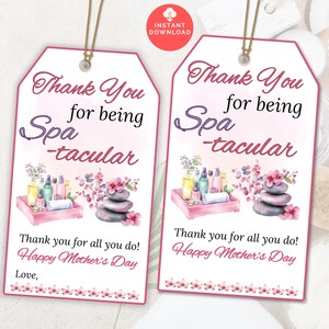 Etiqueta de cesta de presente de spa Etiqueta de presente de feliz dia das mães, presente de agradecimento spa-tacular editável, etiqueta de presente de vela de sabão, etiqueta de presente de mãe e mãe para impressão