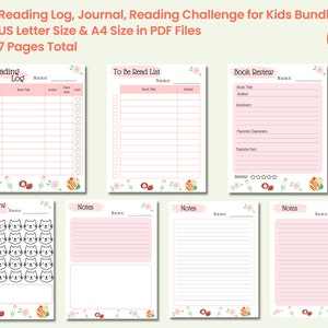 Reading Log Tracker für Kinder zum Ausdrucken, Lesejournal, Buchbesprechung, 30 Tage Leseherausforderung Bundle im Rosa Niedliche Kawaii Katze Thema