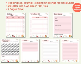 Reading Log Tracker for Kids Printable, Reading Journal, Book Review, 30 Day Reading Challenge Bundle in Pink Cute Kawaii Cat theme
