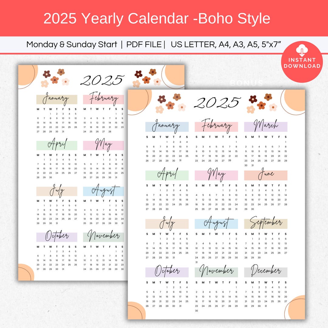 2025 Calendar, Single Page Yearly Calendar, Full Year Desk Calendar ...