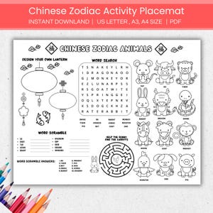 Chinese dierenriem dieren kleurplaat, afdrukbare maannieuwjaar activiteit placemat voor kinderen, jaar van de draak kleurplaat activiteit placemat