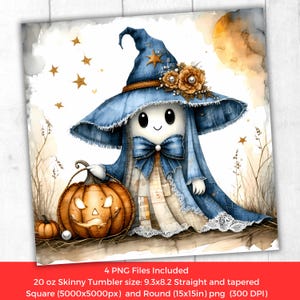 May include: Watercolor illustration of a cute ghost character in a denim witch hat and cape, holding a carved pumpkin. The artwork features a soft color palette with gold stars and a full moon, perfect for Halloween-themed products.