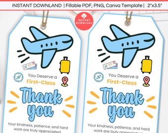 Flight Attendant Thank You Gift Tag Editable, Flight Crew Pilot Care Package Tag Printable, Baby Kid First Flight Appreciation Gift Label
