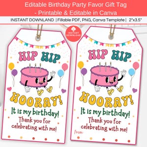 May include: Printable birthday party favor gift tag with a pink cake character with the text "Hip Hip Hooray! It is my birthday! Thank you for celebrating with me!" and a space for a name at the bottom. The tag is 2 inches by 3.5 inches.