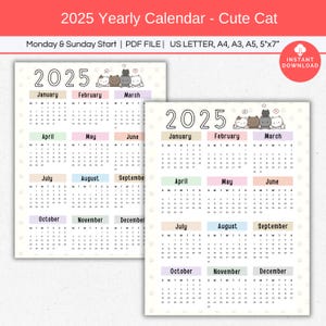 2025 Calendar, Single Page Yearly Calendar, Full Year Desk Calendar, Annual Calendar Printable, Cute Cat Wall calendar, Sunday Monday Start