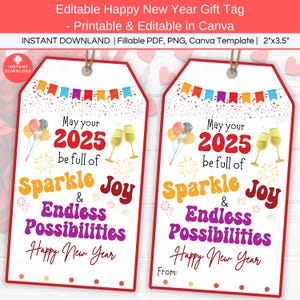 Happy New Year 2025 Gift Tags Printable, Sparkle Joy Gift Tag Editable, New Year Eve NYE Party Favor Tag, Winter School Party Favor Gift Tag