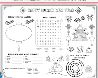 Printable Lunar New Year Activity Placemat for Kids, Year of Snake Chinese New Year Coloring Page, Classroom Activities New Year Games