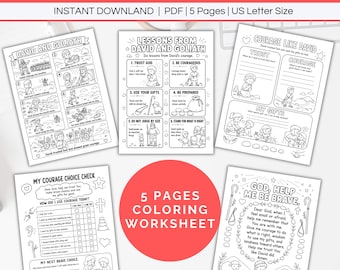 David and Goliath Worksheets Printable, Christian Bible Study Lesson Prayer Kids Coloring Page, Sunday School Homeschool Church Vbs Activity