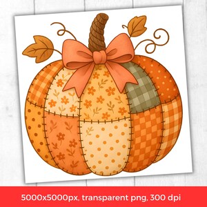 May include: A digital illustration of a pumpkin with a patchwork design. The pumpkin features various orange and yellow patterned sections, including floral, polka dot, and plaid patterns. A large peach bow sits atop the pumpkin, with a brown stem and leaves.