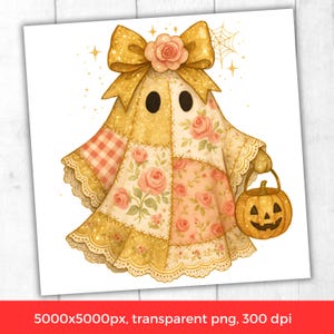 May include: A whimsical watercolor illustration of a ghost in a patchwork quilt costume, holding a jack-o'-lantern. The ghost has a gold bow with a rose, and the quilt features floral and gingham patterns. A spiderweb and stars are in the background.