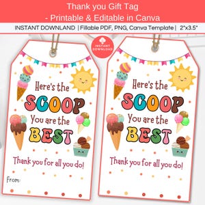 Presentetikett med uppskattning för glasslärare, redigerbar utskrivbar, här är scoopet, du är den bästa sjuksköterskan, tack för sommaren, etikett för slutet av skolåret