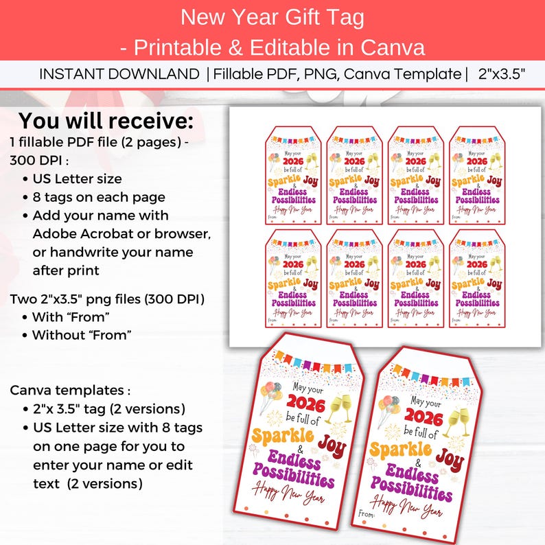 Happy New Year 2026 Gift Tags Printable, Groovy Motivational Gift Tag ...