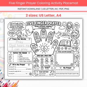 Op de afbeelding: Een zwart-wit Five Finger Prayer kleurplaat-placemat met een handillustratie, labels voor gebedsintenties, schrijfoefeningen, een tekenvak en religieuze iconen zoals een duif, een bijbel en een hart met een kruis.