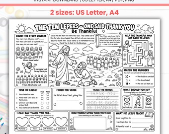Jesus Heals Ten Lepers Activity Placemat Coloring Sheet Printable, Thanksgiving Fall Sunday School Christian Homeschool Miracle Bible Lesson