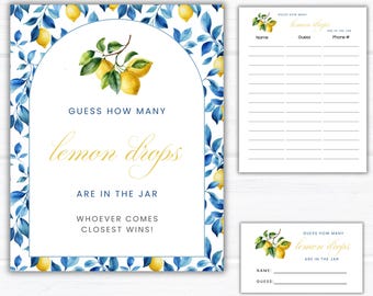 Guess How Many Lemon Drops in the Jar Game Printable Sign, Answer Card, Tracking Sheet, Editable Bridal Baby Shower Party Counting Game