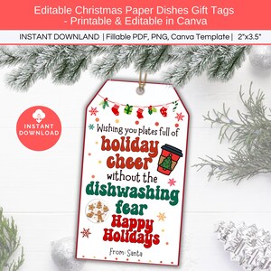 Papierteller Geschenkanhänger, Hostessengeschenk, Weihnachtsgeschirr Geschenkaufkleber, Last Minute Urlaubsgeschenk für Nachbar, Geschenkkorbanhänger, Wash Less Dishes