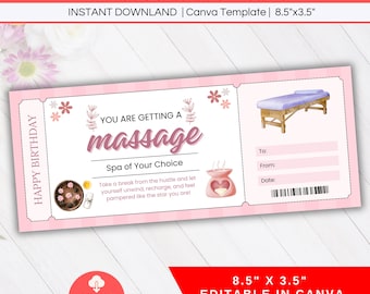 Birthday Massage Coupon Gift Certificate Editable, Massage Spa Day Printable Voucher Ticket, Girlfriend Wife Mom Anniversary Graduate gift