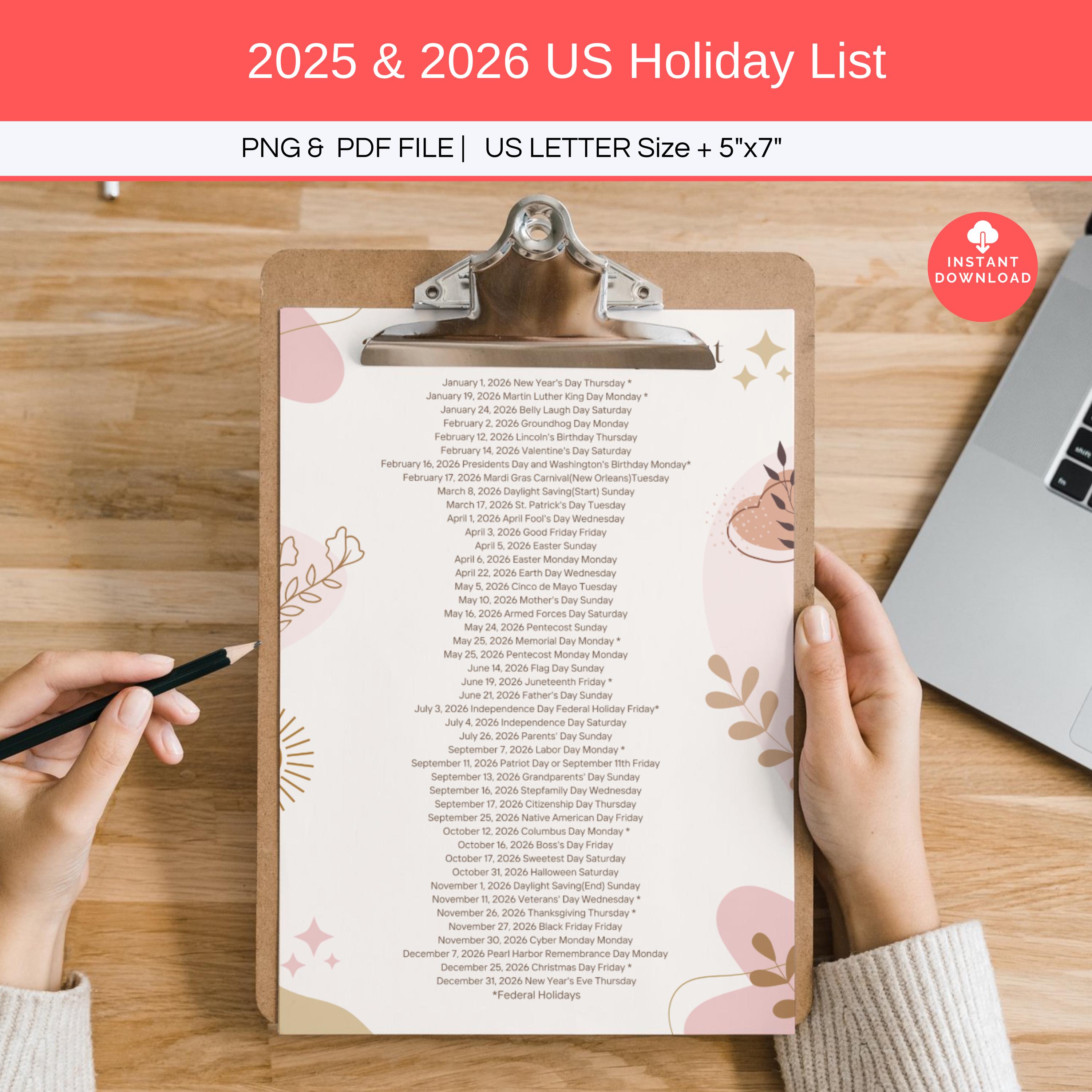 2025 Holiday List, 2026 Holiday List Printable, US Federal Holidays ...