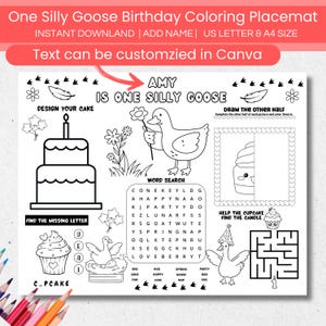 One Silly Goose Birthday Party Coloring Activity Placemat, Editable Goose 1st Birthday Printable Activity Sheet, Kids Coloring Party Favor