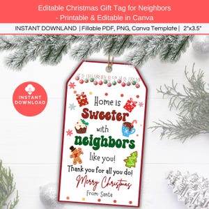 隣人へのクリスマスプレゼントの印刷可能なタグ、秘密のサンタ隣人への贈り物、ホリデーギフトタグ、隣人への贈り物のアイデア、冬の感謝の贈り物のタグラベル