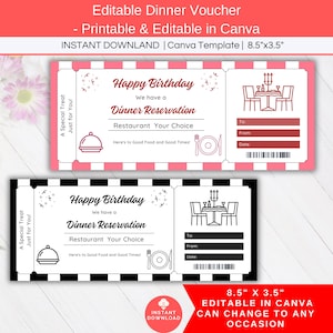 Restaurant Coupon Gift Voucher, Dinner Date Reservation Night Out Gift, Surprise Birthday Dinner Ticket, Date Night Certificate Editable