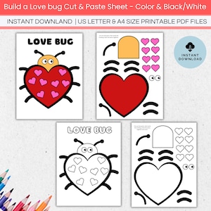 Build a Love Bug Cut and Paste Valentine&#39;s Day Craft Printable, Kid Scissor Practice Class Activity, Ladybug Coloring Page, Fine Motor Skill