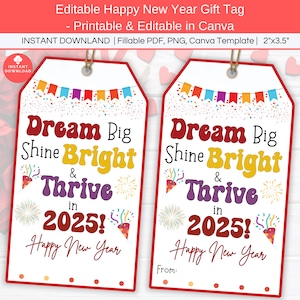 Happy New Year 2025 Gift Tags Printable, Groovy Motivational Gift Tag Editable, New Year Eve NYE Party Favor Tag, Class Celebration Gift Tag