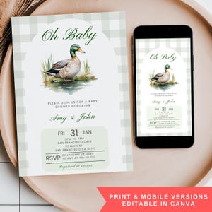 Green Gingham Baby Boy Mallard Duck Baby Shower Invitation, Editable Pastel Animal Party, Duck Hunting Mobile Phone Text Digital Invite