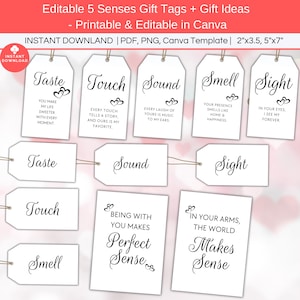 Etiquettes pour cadeaux 5 sens imprimables, étiquettes de sac cadeau Five Senses, idées cadeaux 5 sens, cadeaux pour conjoint, anniversaire, Saint-Valentin, anniversaire