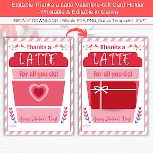 Porte-cartes cadeau imprimable Thanks a Latte Coffee, modifiable Saint-Valentin enseignant collègue entraîneur thème café Merci cadeau Saint-Valentin