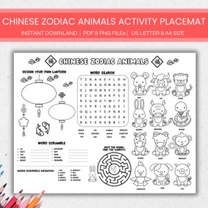 Foglio da colorare con animali dello zodiaco cinese, tovaglietta attività stampabile per il Capodanno lunare per bambini, tovaglietta attività da colorare Anno del Drago