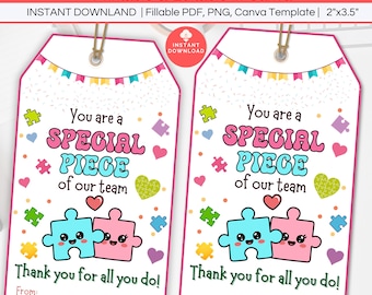 Employee Appreciation Tag Editable, Team Staff Recognition Thank You Treat Tag, Office Faculty Teacher Nurse Puzzle Piece Gift Tag Printable