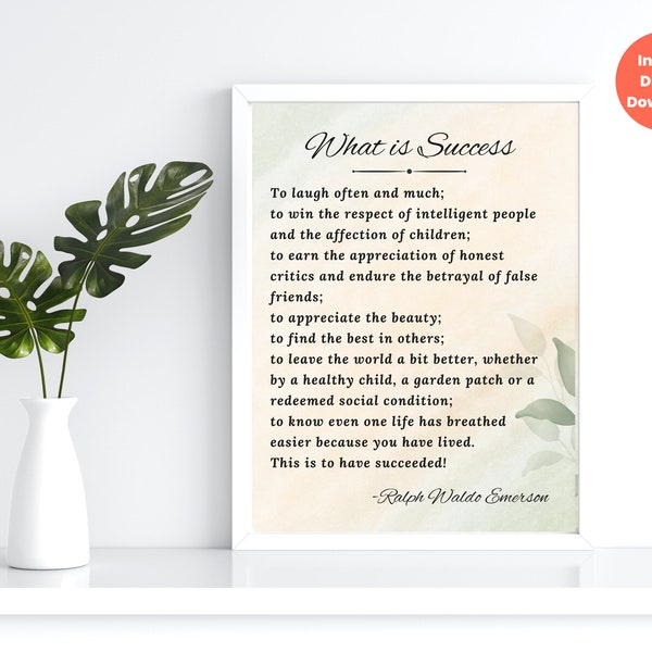 What Is Success by Ralph Waldo Emerson Printable Quote Motivational Wall Art, Inspirational Downloadable Poem, Softness Greenery Print