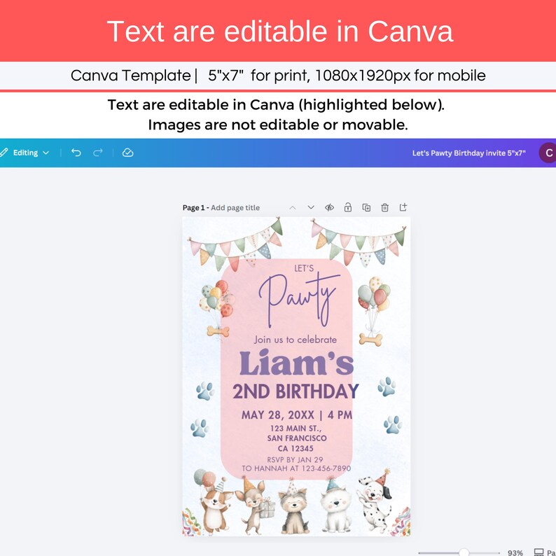 Let's Pawty Birthday Party Invitation, Editable Dog Puppy Pet Party ...