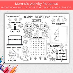 May include: Black and white mermaid-themed activity placemat with the text "Mermaid Activity Placemat". Includes a cake design, word search, mazes, and mermaid illustrations. The placemat is A4 size, 43cm x 28cm.